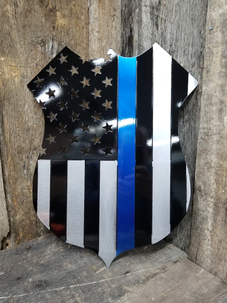 Policeman's Support Thin Blue Line Shield Flag Steel Sign - Click Image to Close